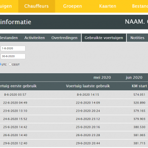 Bekijk welke voertuigen er gebruikt zijn door de chauffeur met info over de km-stand.
